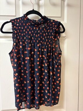 Mauve Navy Sleeveless Smocked Neck Blouse with Orange Dot Print